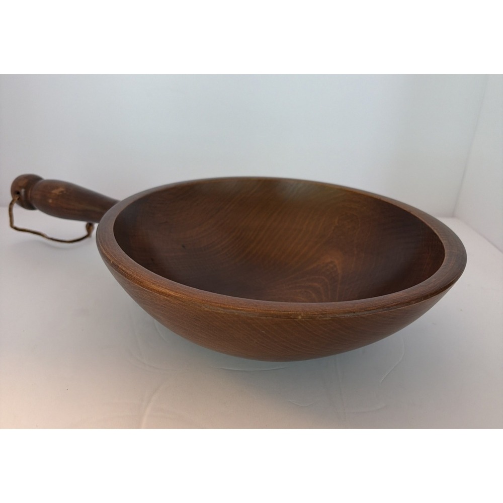Woodcraftery Vintage Wood Bowl With Handle Hand Crafted MCM